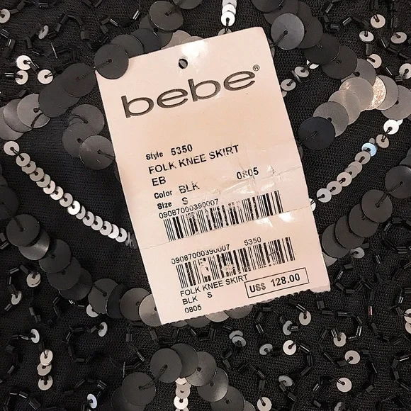 bebe Dazzling Sequin, Lace & Ruffle Skirt, Sz S, Black Silver, Cream Lace - Picture 3 of 6